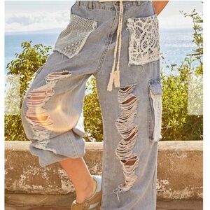 POL Light Wash Denim Crochet Patch Cargo Pocket Drawstring Jogger Pants Size LG